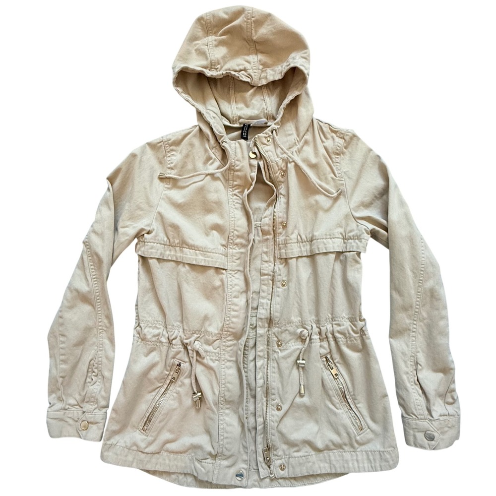 H&M Divided Womens Tan Khaki Utility Field Jacket Hooded Cotton Size 4 Gorpcore